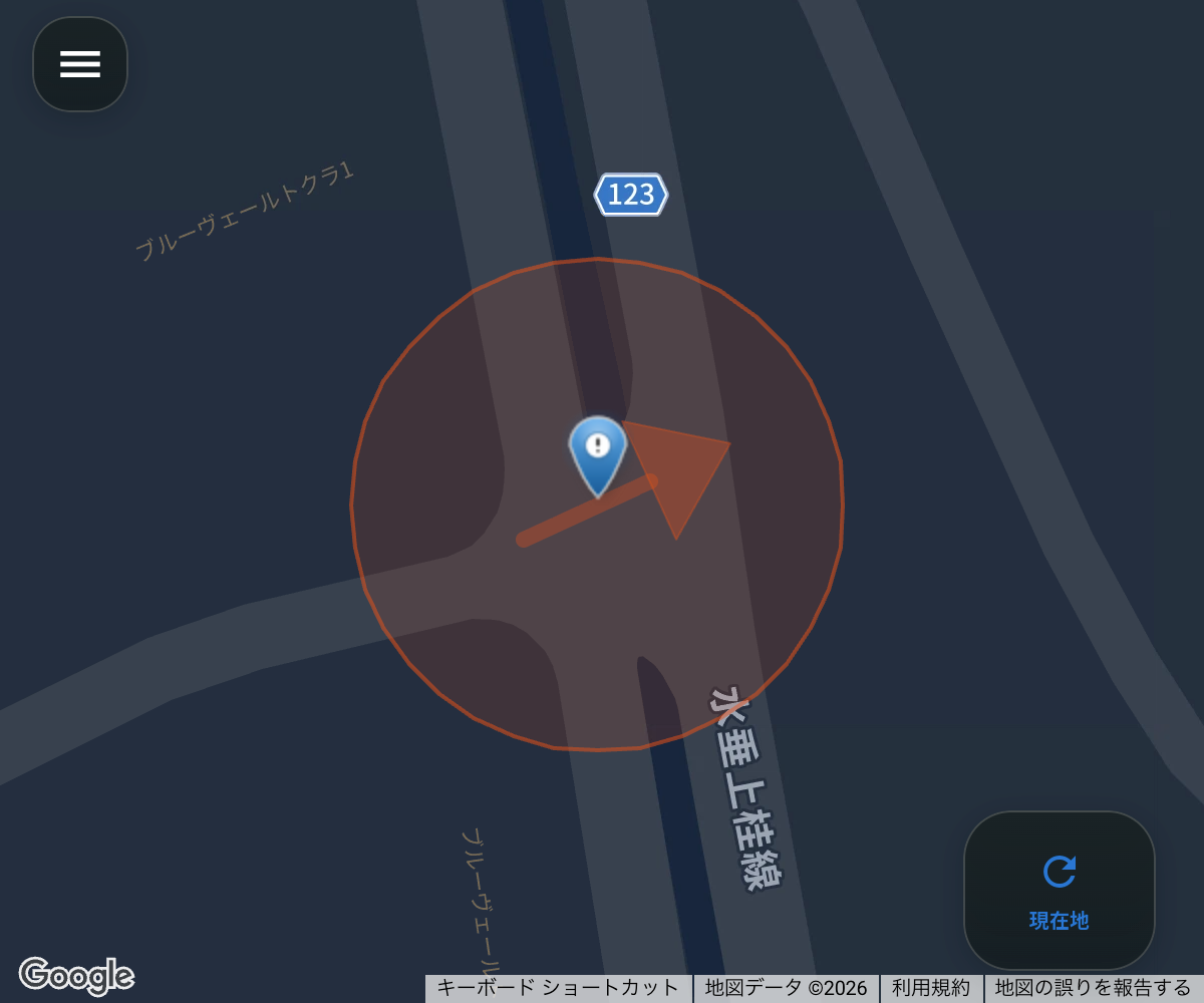 現在の公開Web版で、1つの危険地点と方向を持つ検知領域を表示したマップ