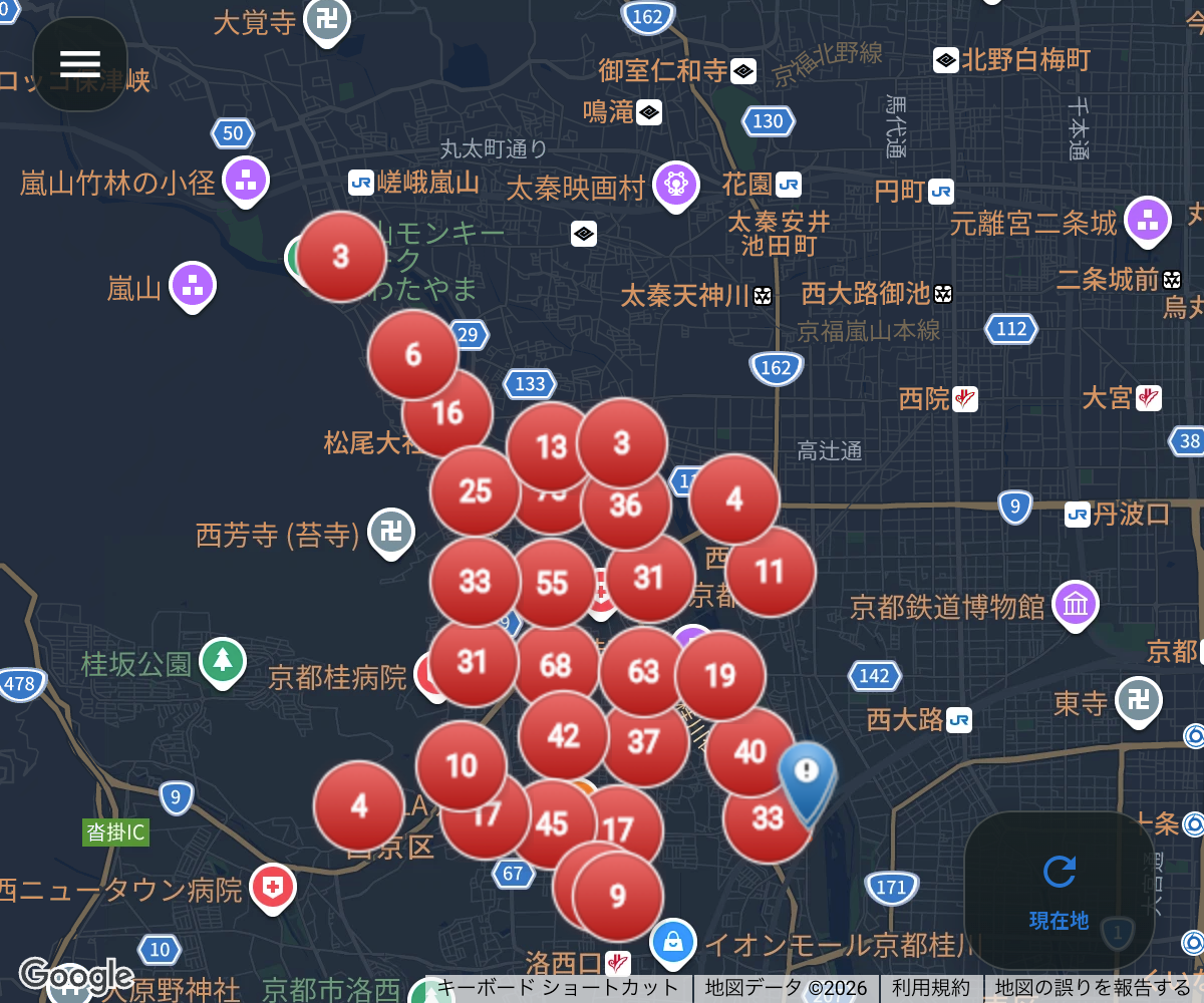 京都市・桂川周辺の登録済み危険地点を拡大した、現在の公開Web版のマップ